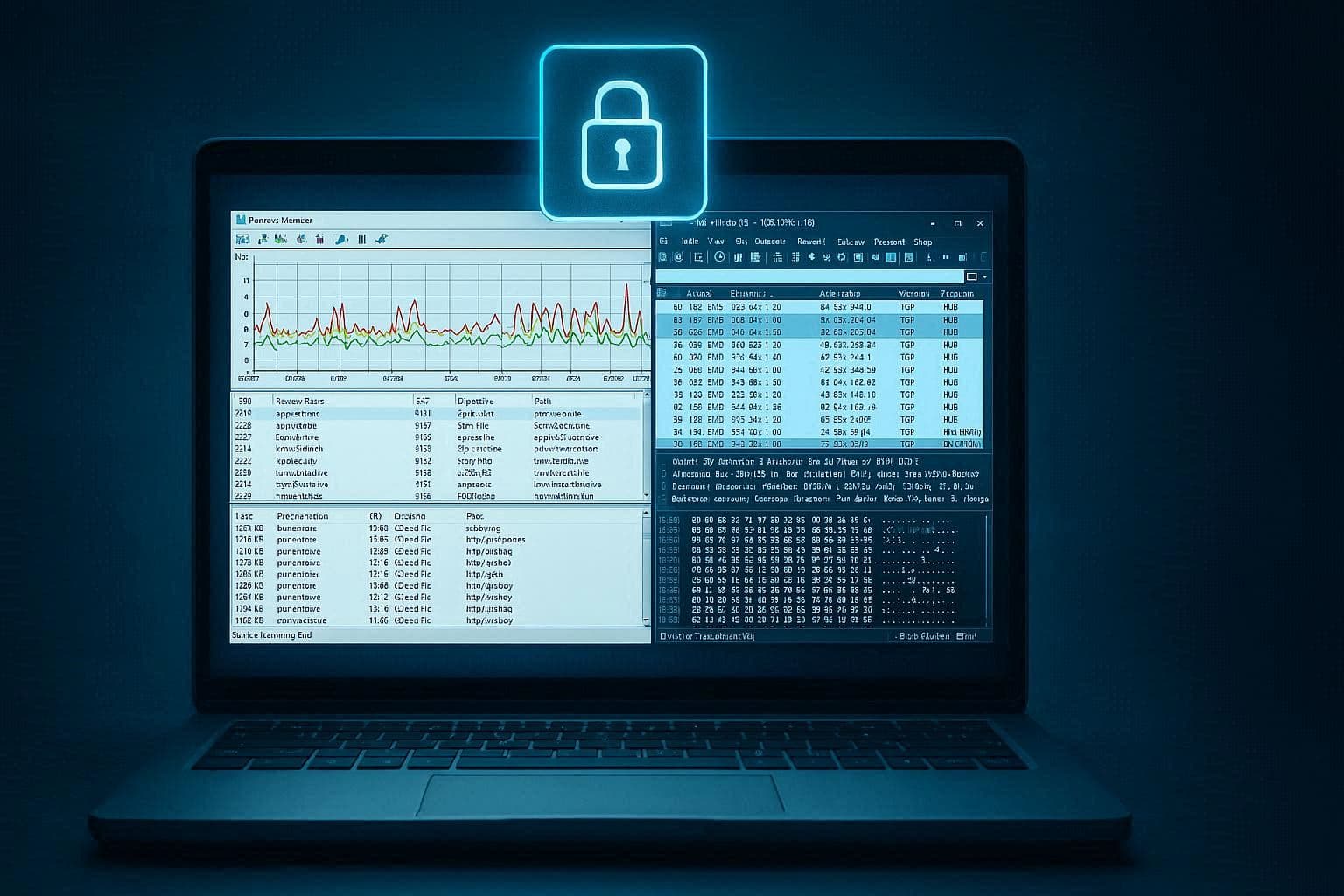 Tampilan layar virtual machine dengan Process Monitor dan Wireshark untuk analisis dinamis malware