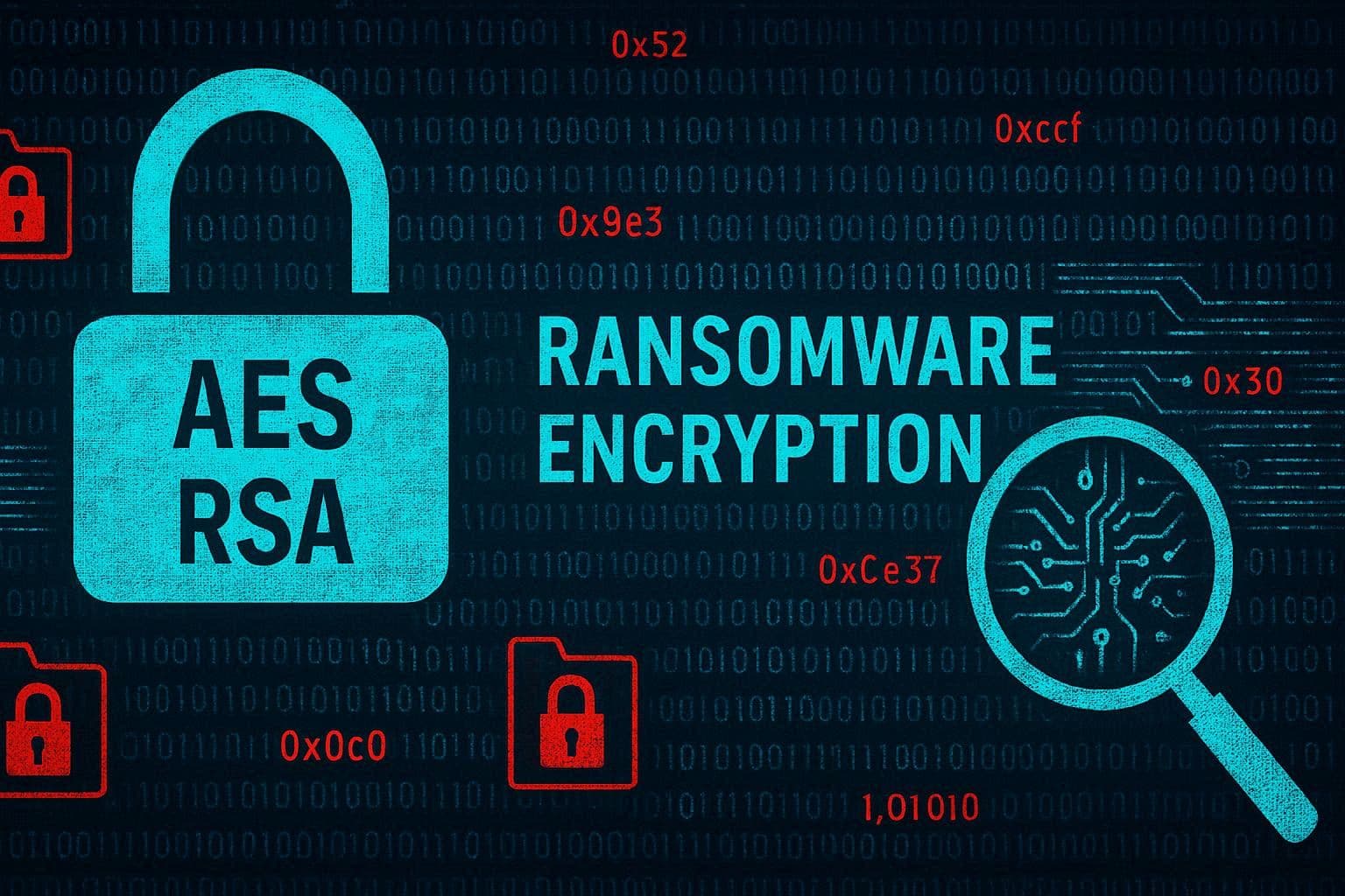 Visualisasi analisis ransomware dengan simbol enkripsi AES dan RSA serta file yang terkunci