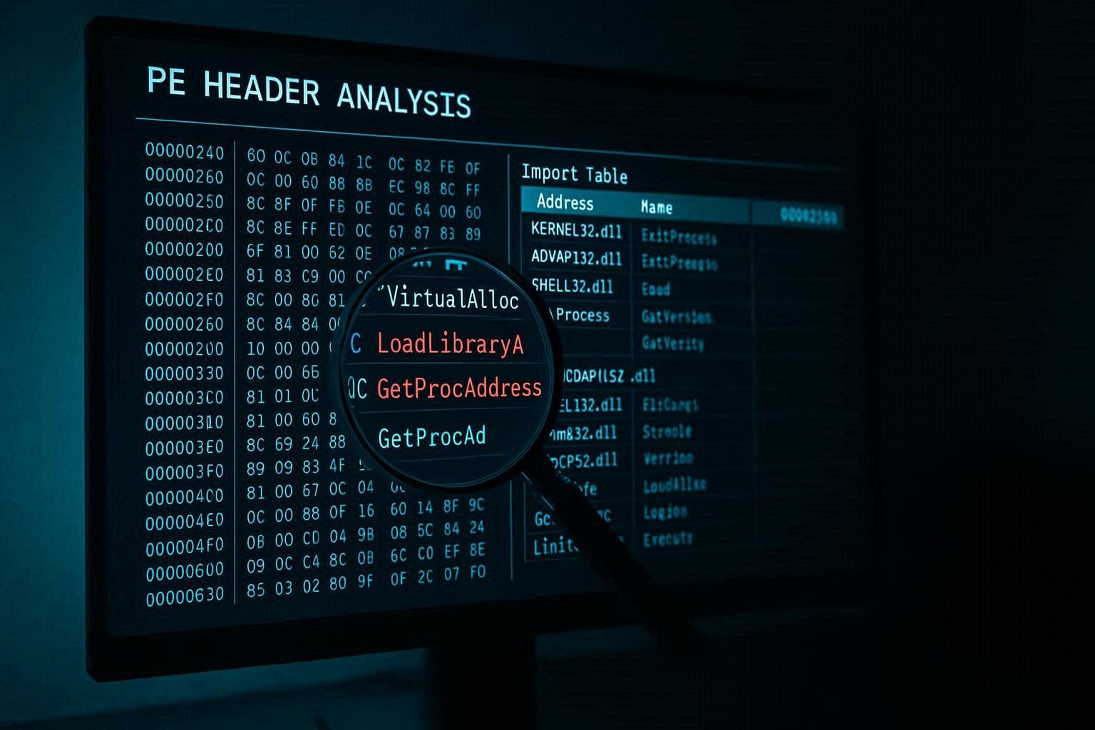 Tampilan tool analisis statis malware dengan PE header dan import table yang disorot kaca pembesar