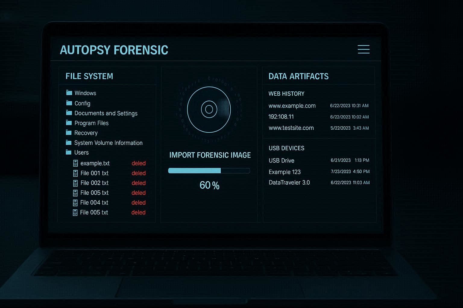 Tampilan Autopsy dengan file system analysis, deleted files, dan data artifacts di layar laptop investigator