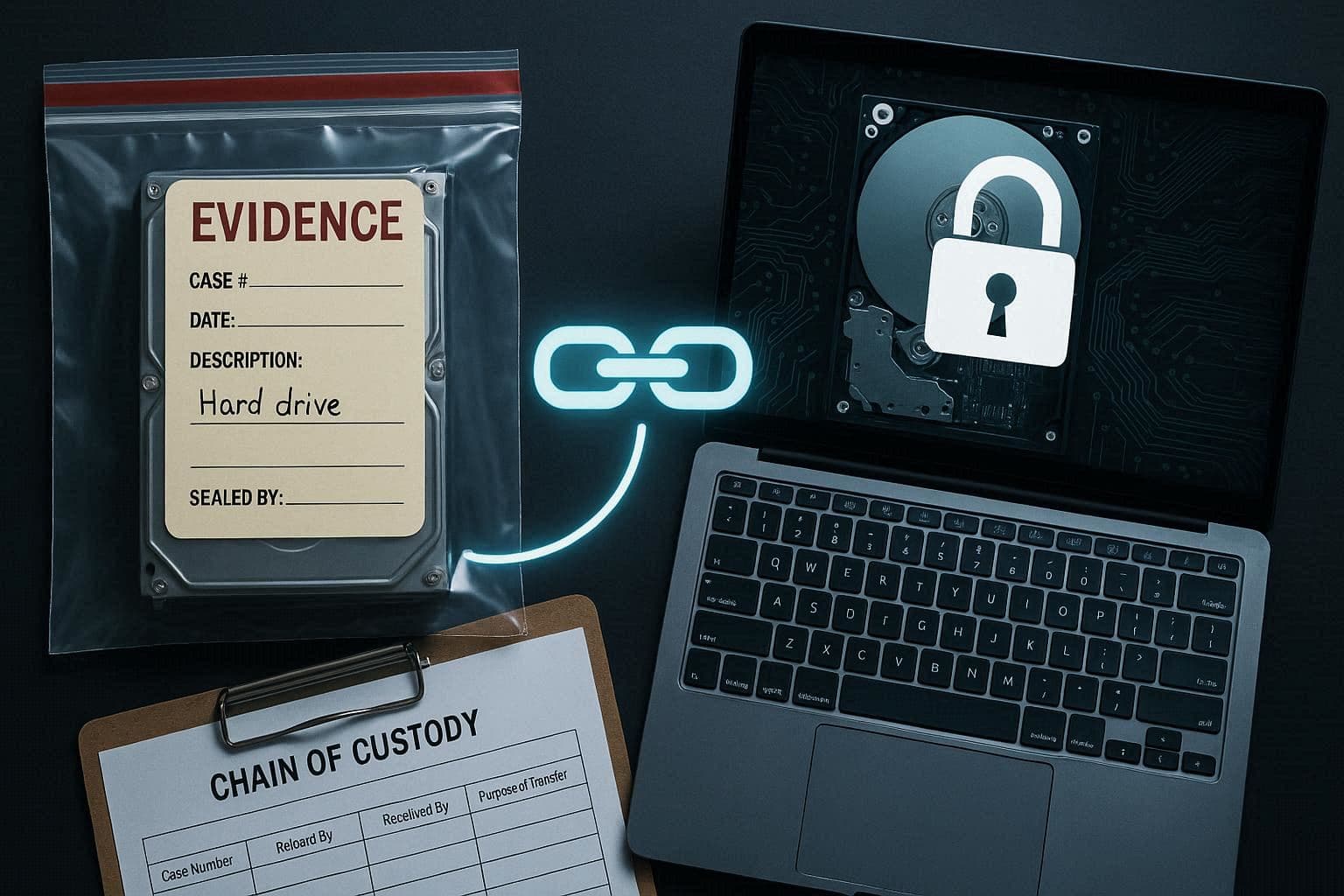Kantong bukti digital bersegel dengan hard drive dan formulir chain of custody di meja investigator