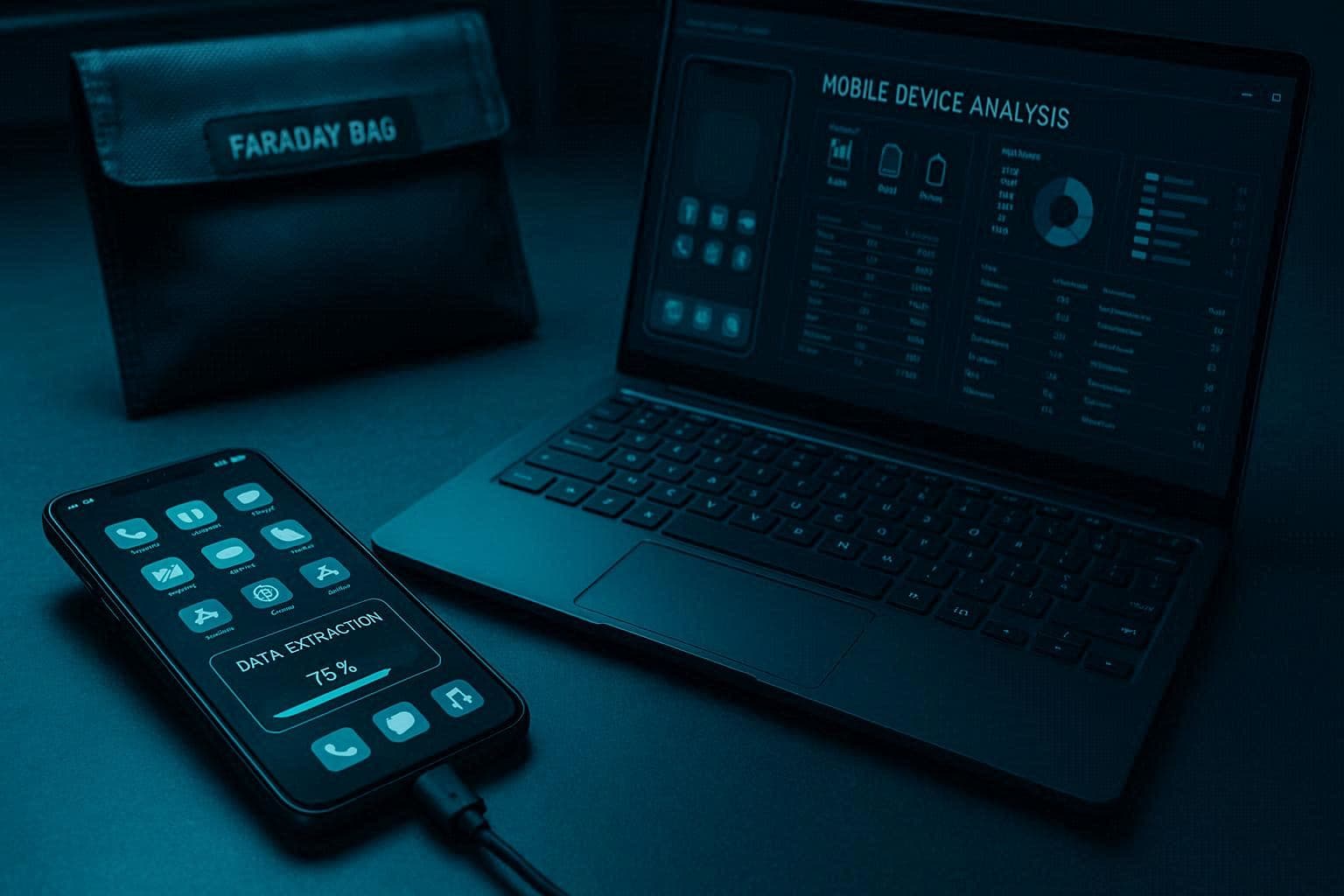 Smartphone Android terhubung ke laptop untuk akuisisi data forensik dengan Faraday bag di latar