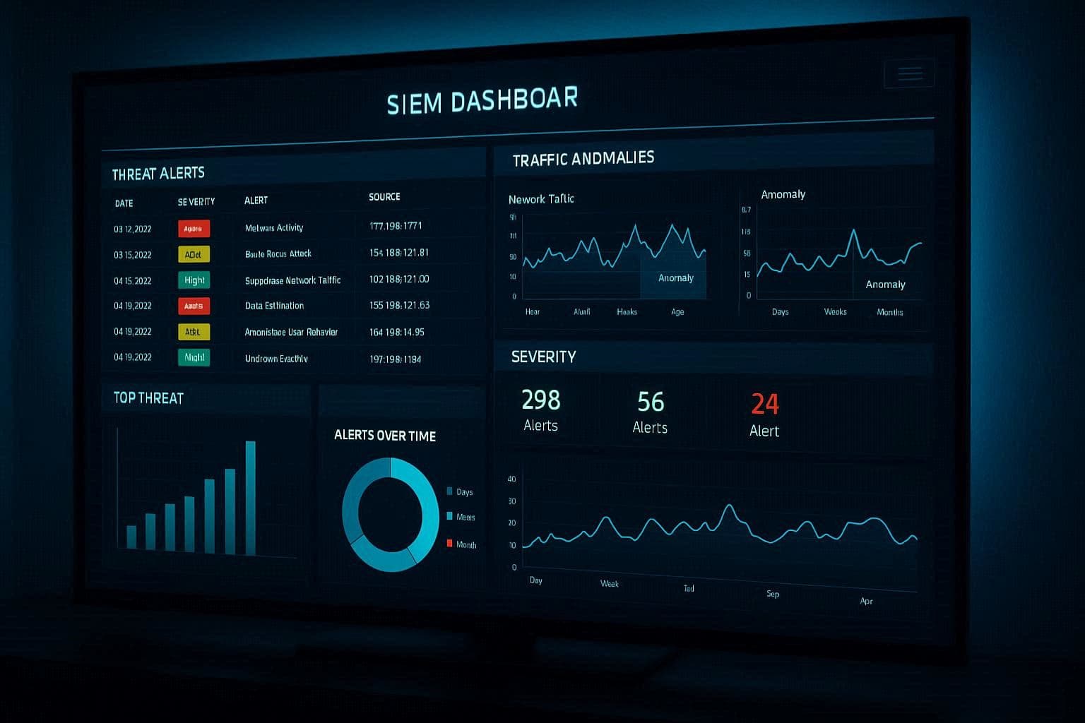 Dashboard monitoring SIEM dengan grafik anomali traffic dan peringatan ancaman keamanan siber