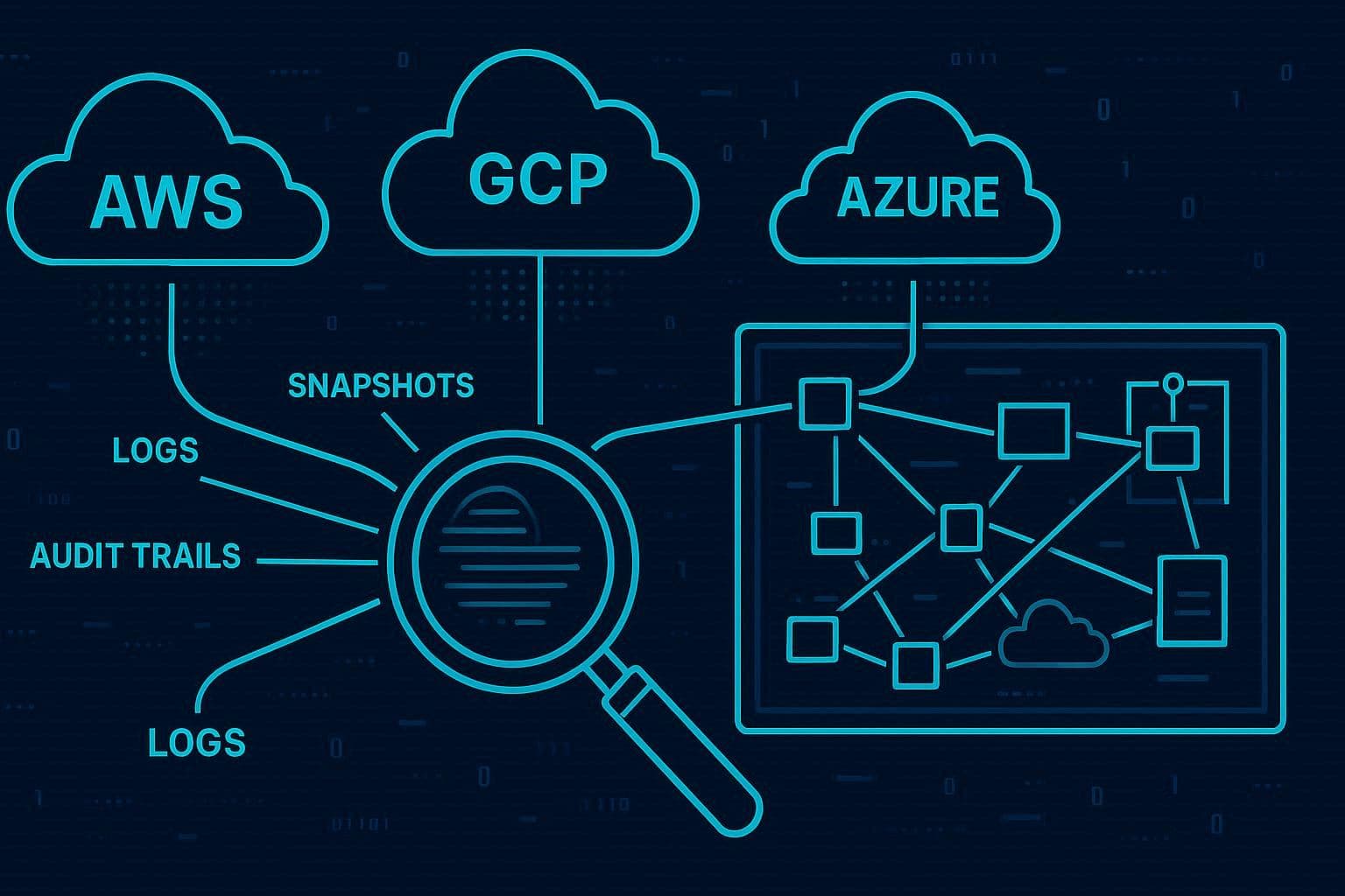 Visualisasi forensik cloud dengan bukti digital dari AWS, GCP, Azure mengalir ke kaca pembesar investigasi