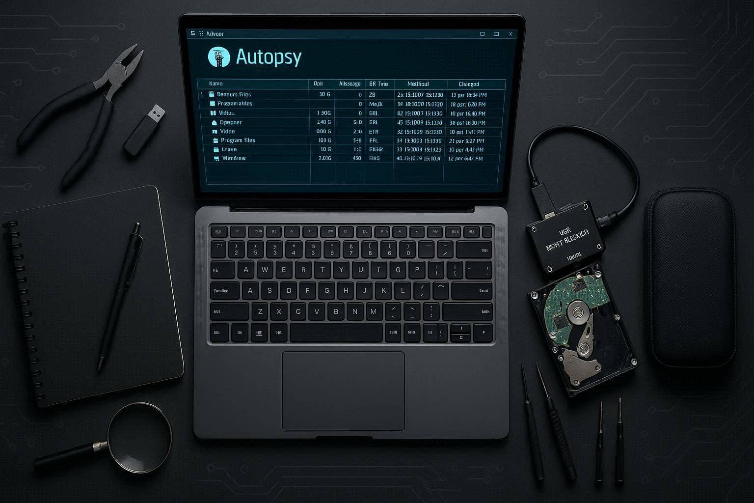 Tampilan layar Autopsy dengan hard drive eksternal dan perangkat forensik di meja investigator