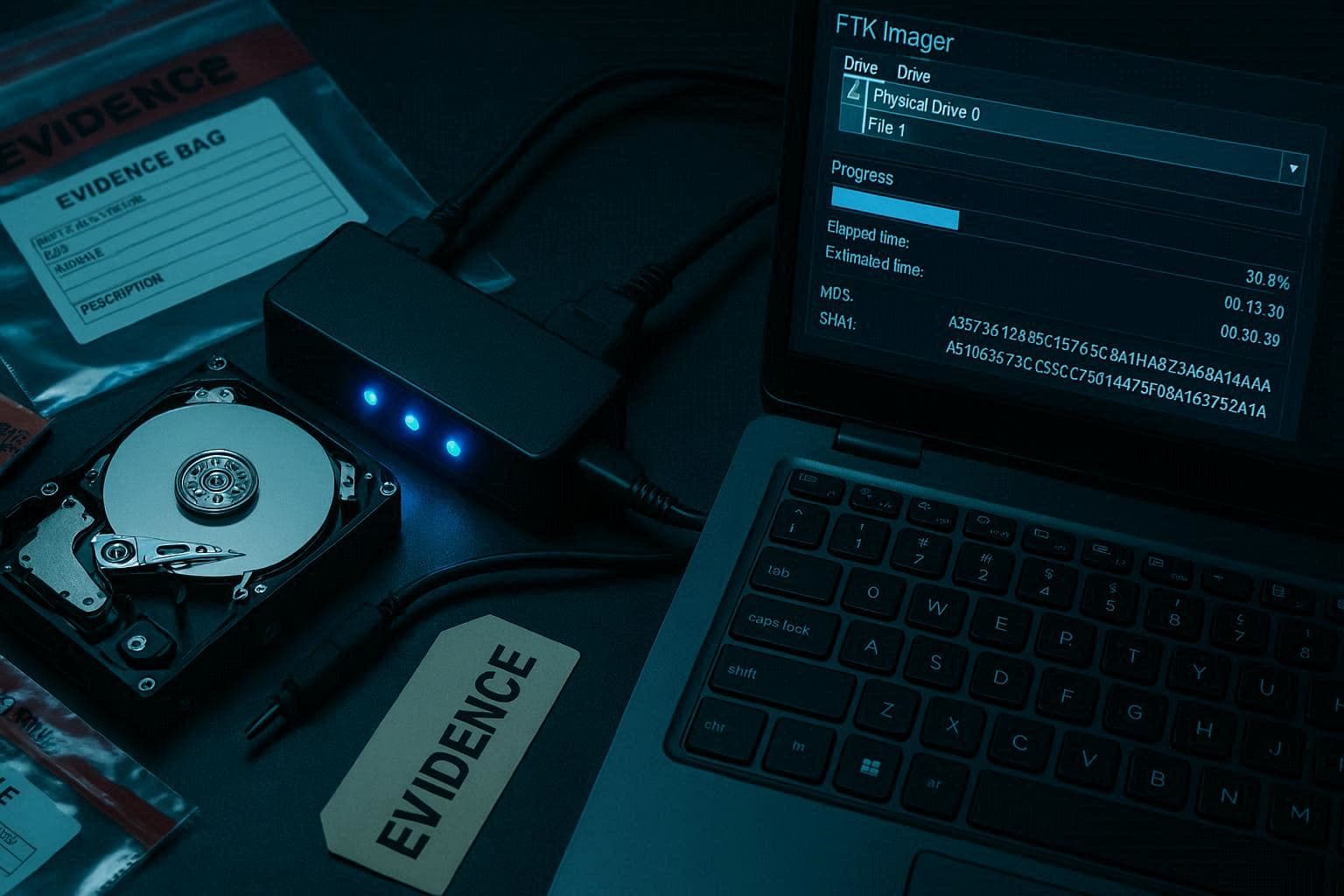 Hard drive terhubung ke write blocker dengan tampilan FTK Imager di layar laptop saat proses imaging forensik