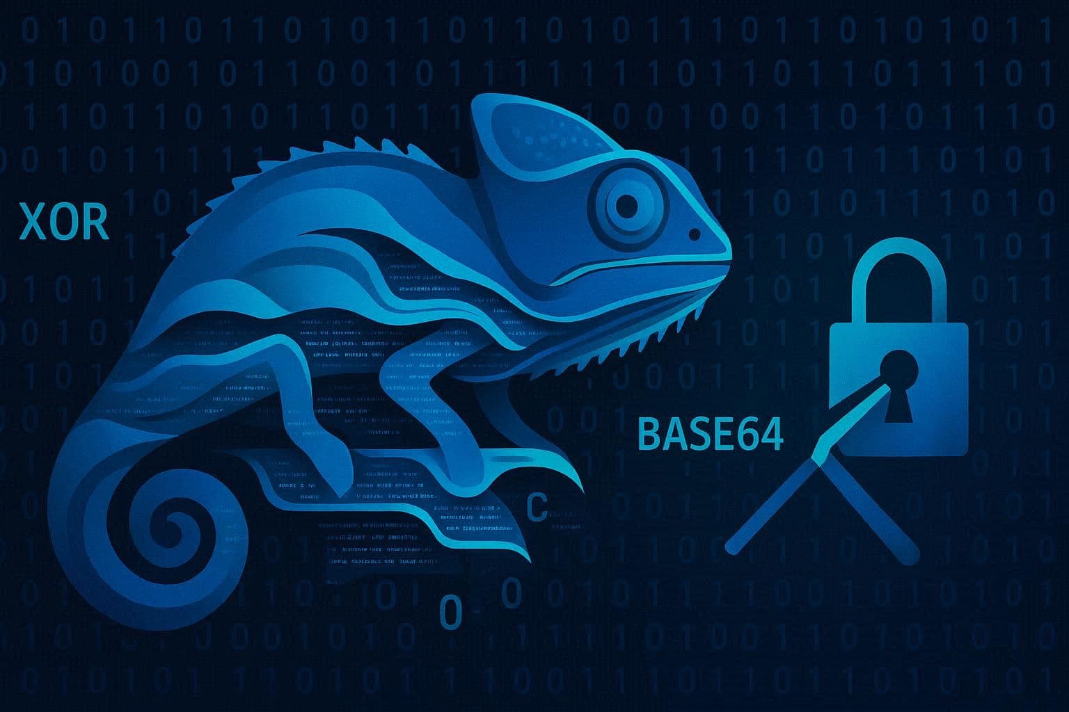 Visualisasi abstrak teknik obfuscation malware dengan lapisan enkripsi yang terkelupas mengungkap kode tersembunyi