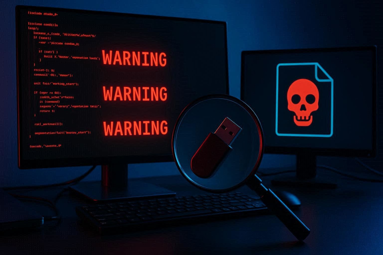 Lab analisis malware dengan monitor menampilkan kode mencurigakan dan ikon file berbahaya