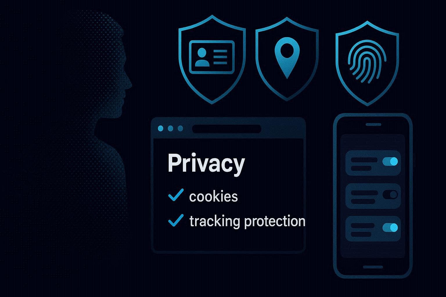 Visualisasi OPSEC dan privasi digital dengan jejak digital yang memudar dan perisai melindungi data pribadi