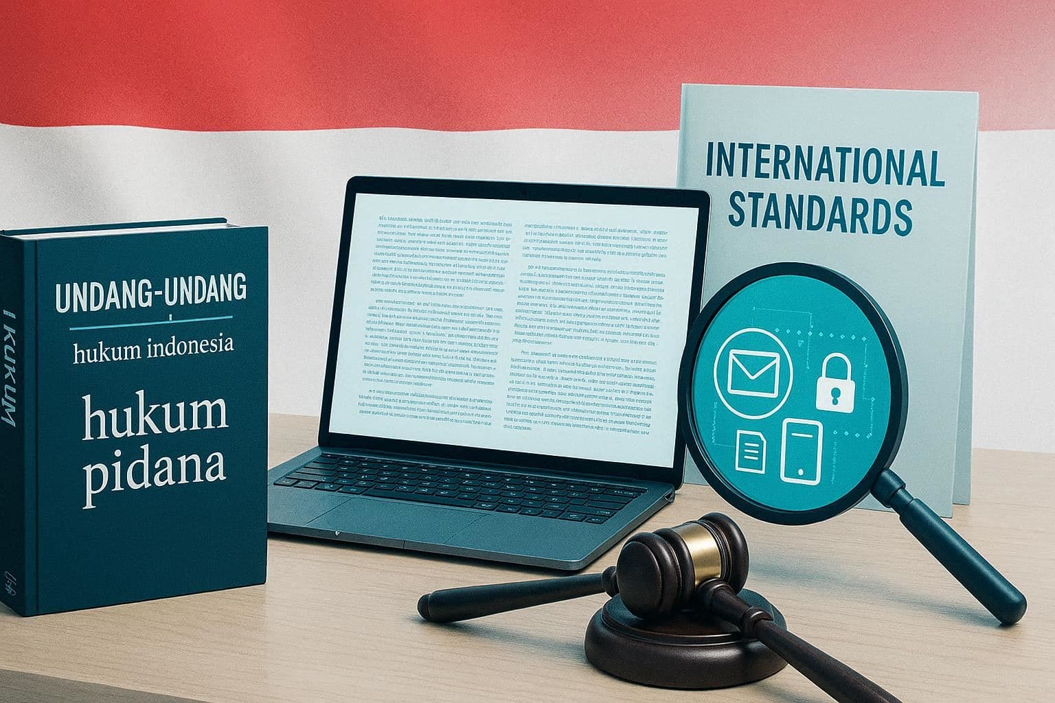 Buku regulasi Indonesia dan dokumen standar internasional di atas meja dengan laptop menampilkan teks hukum digital
