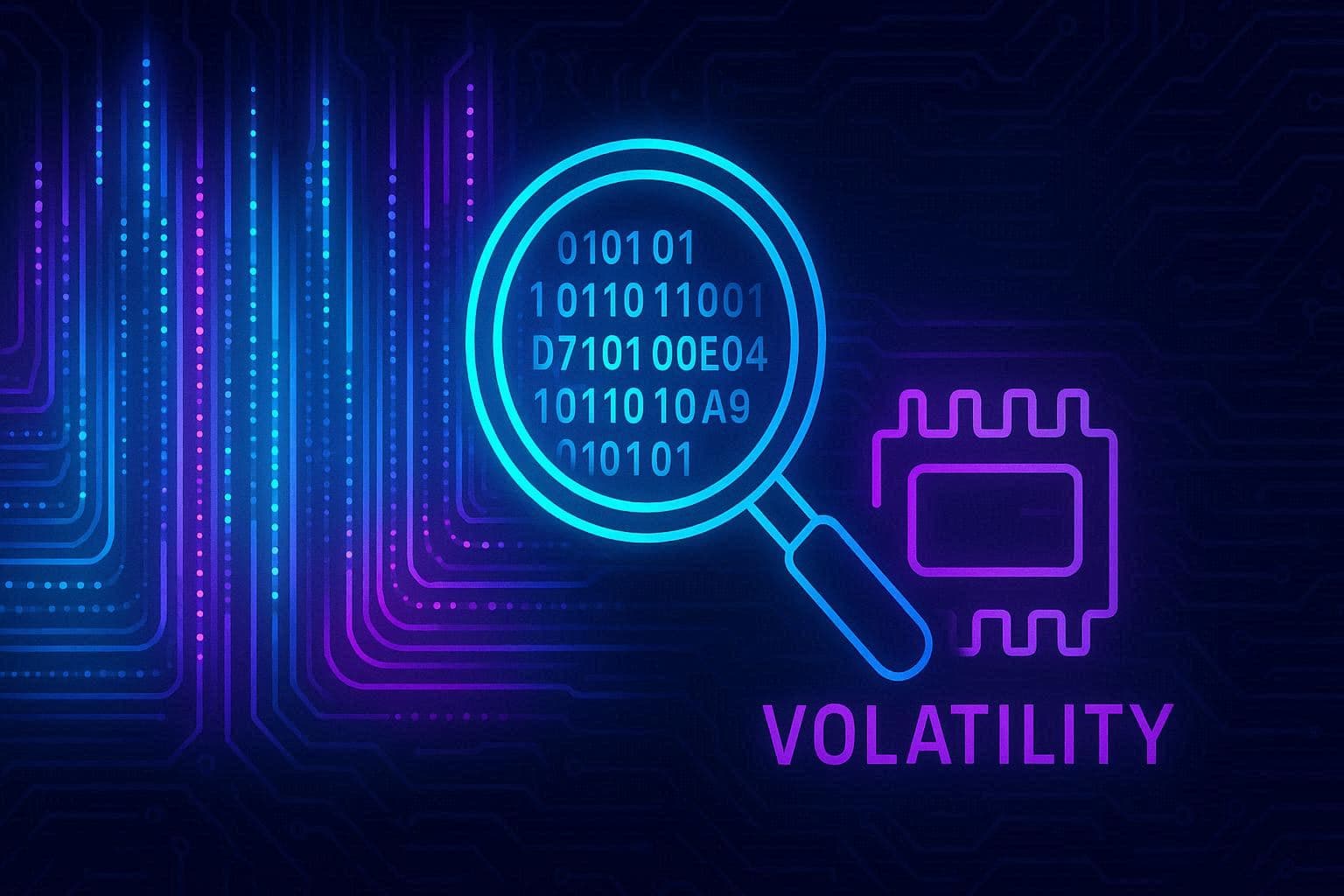 Visualisasi abstrak forensik memori dengan aliran data RAM dan kaca pembesar digital mengungkap kode tersembunyi