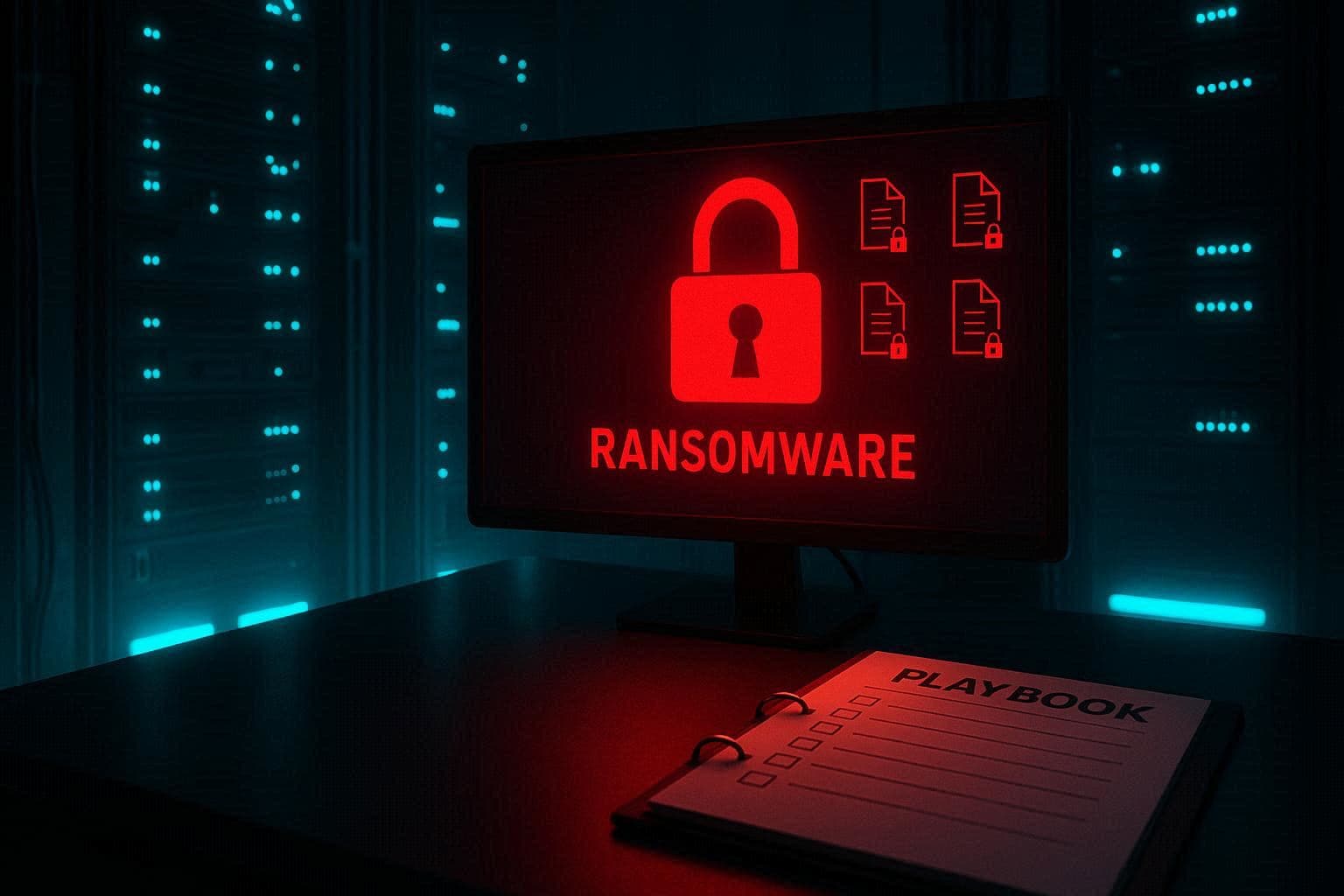 Ruang server dengan layar peringatan ransomware dan buku playbook respons insiden di meja