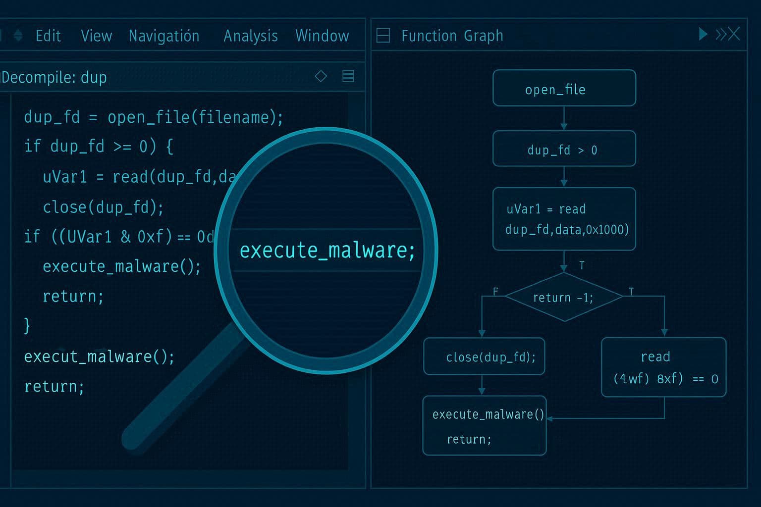 Tampilan Ghidra dengan kode dekompilasi dan control flow graph untuk reverse engineering malware