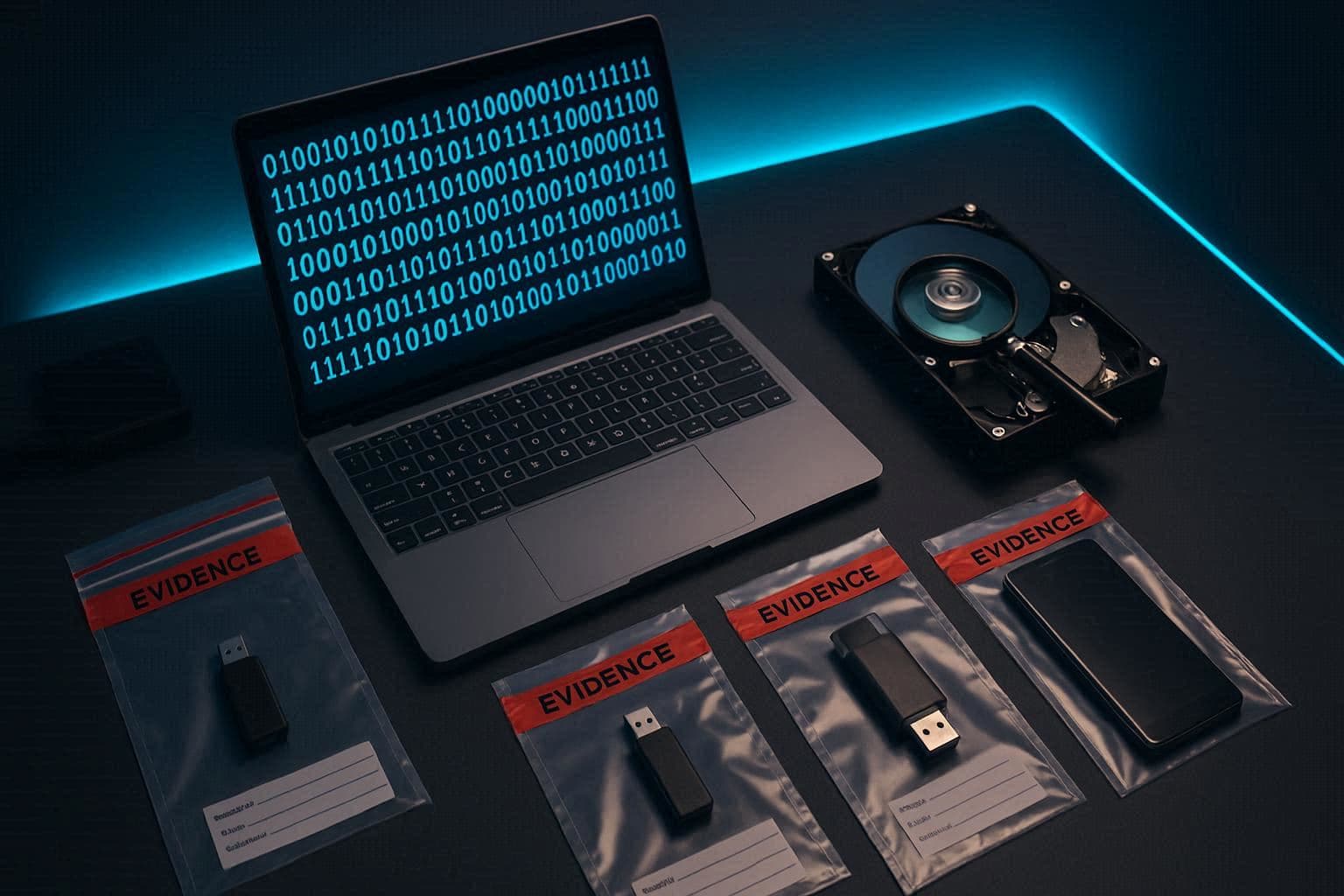Meja kerja investigator forensik digital dengan laptop, hard drive, dan alat analisis bukti digital