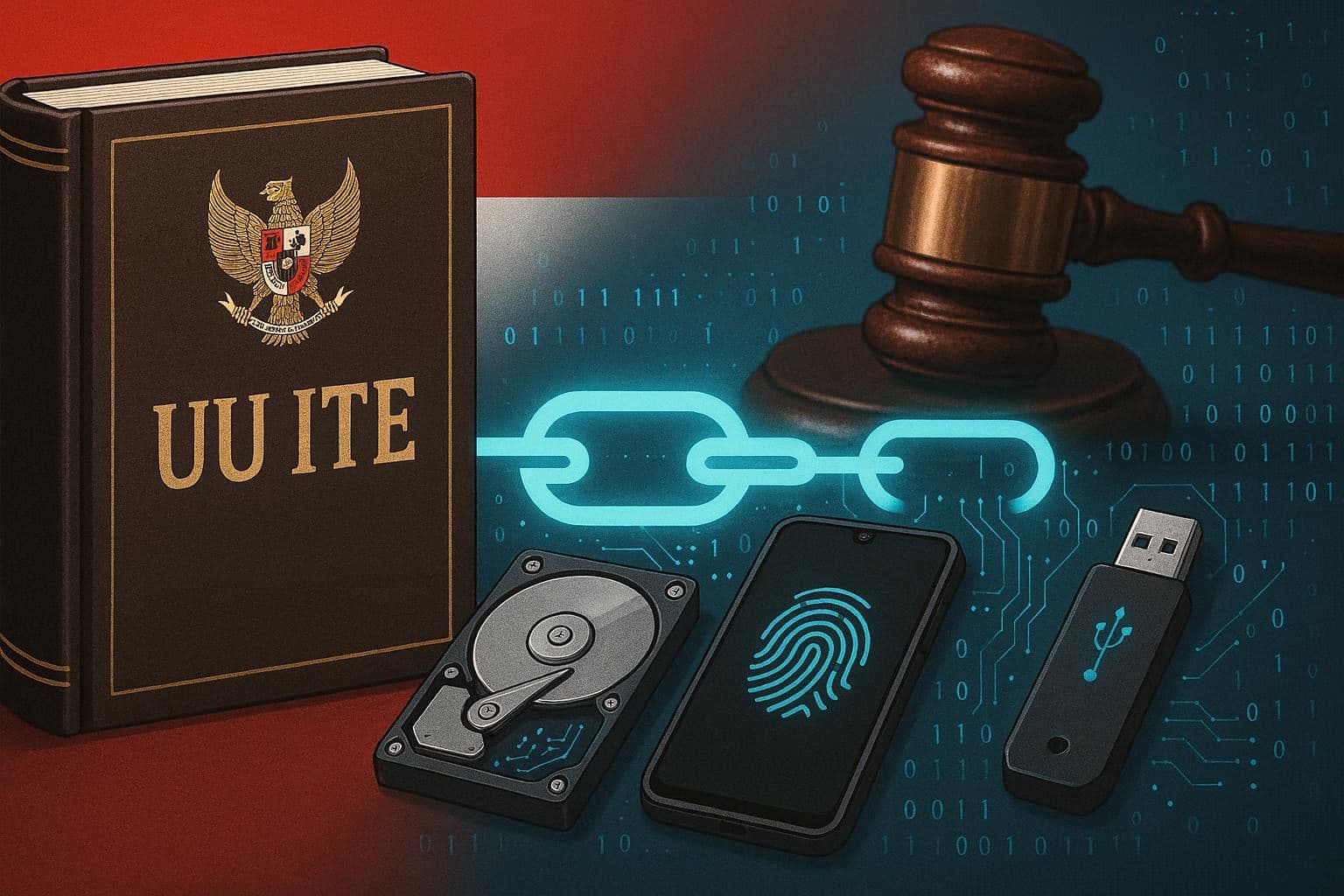 Buku UU ITE di samping bukti digital forensik dengan simbol rantai bukti dan palu pengadilan