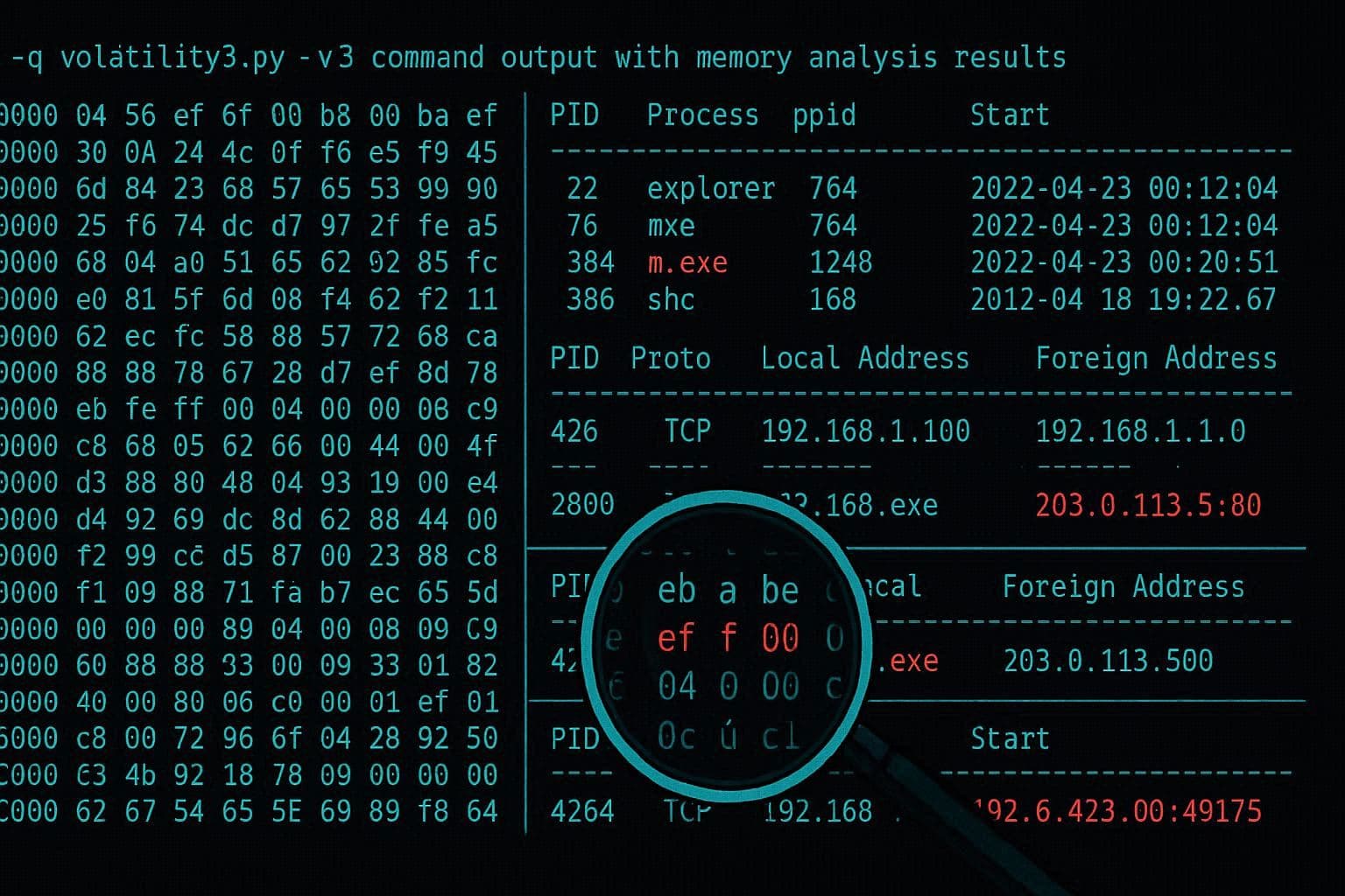 Tampilan terminal Volatility 3 dengan output analisis memori, proses mencurigakan, dan koneksi jaringan