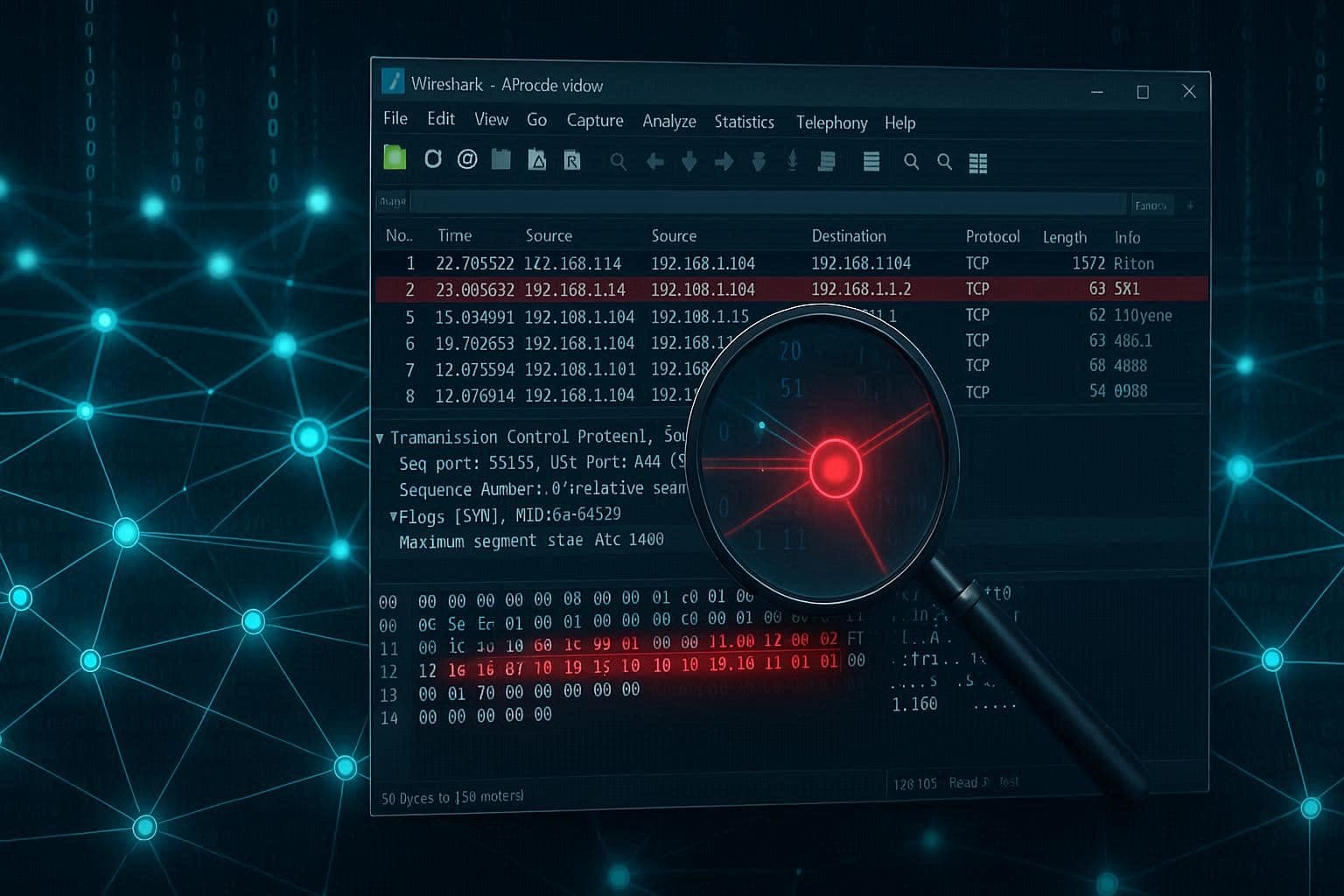 Visualisasi forensik jaringan dengan tampilan Wireshark dan lalu lintas data yang sedang dianalisis