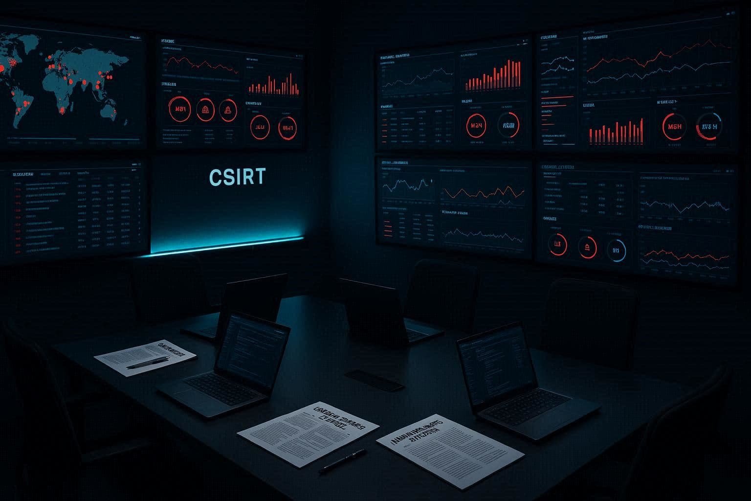 Ruang komando CSIRT dengan layar monitoring keamanan dan dokumen incident response playbook