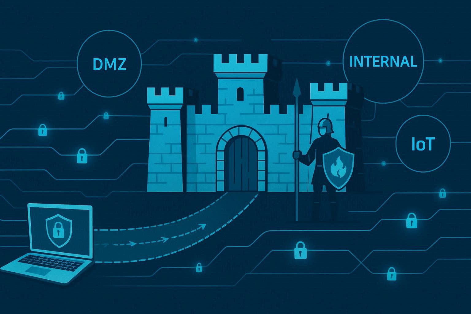 Visualisasi keamanan jaringan dengan benteng firewall, terowongan VPN, dan zona jaringan tersegmentasi
