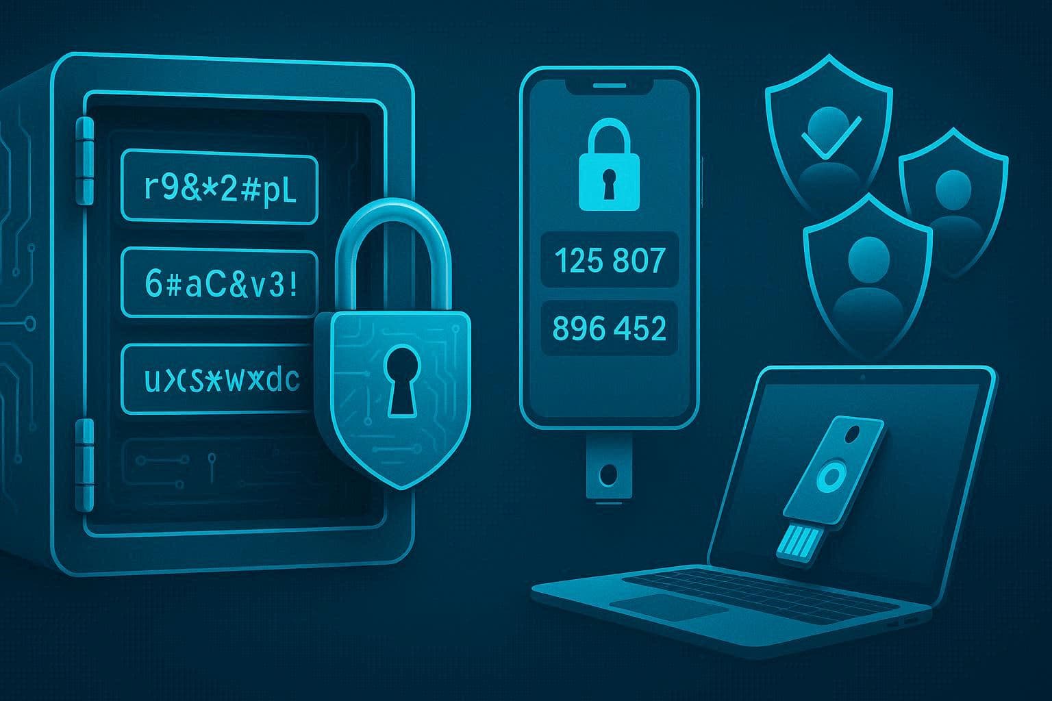 Brankas digital dengan gembok kuat berisi password unik, smartphone menampilkan aplikasi 2FA, dan kunci keamanan YubiKey