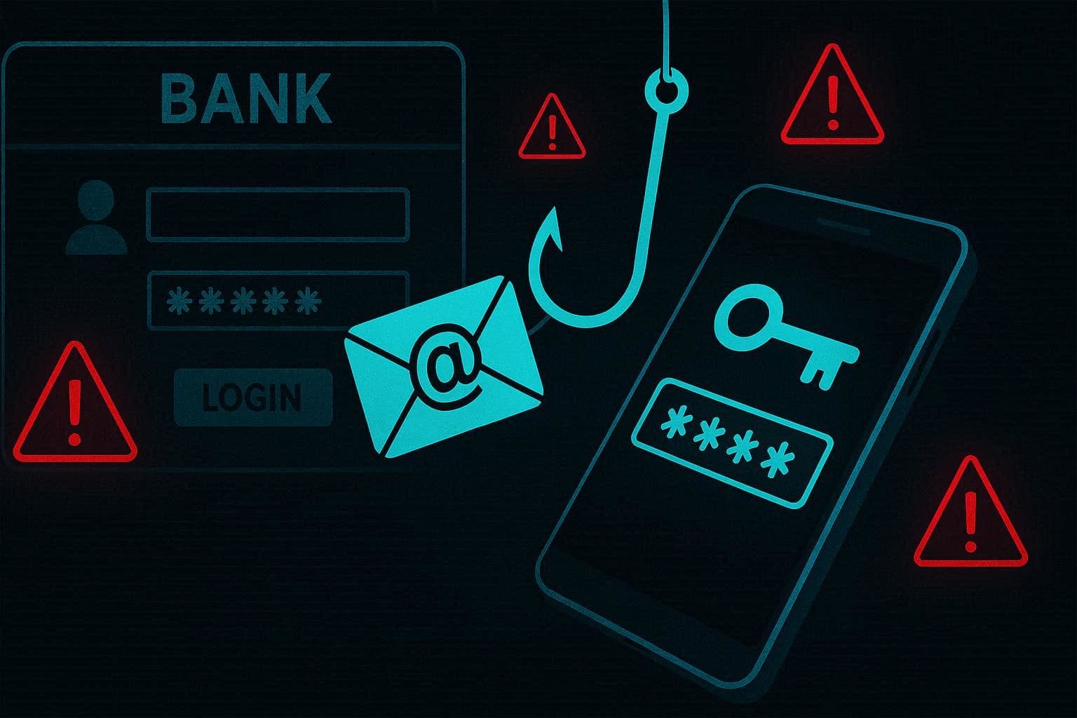 Visualisasi serangan phishing dengan kail bertopeng ikon email mencuri kredensial dari smartphone