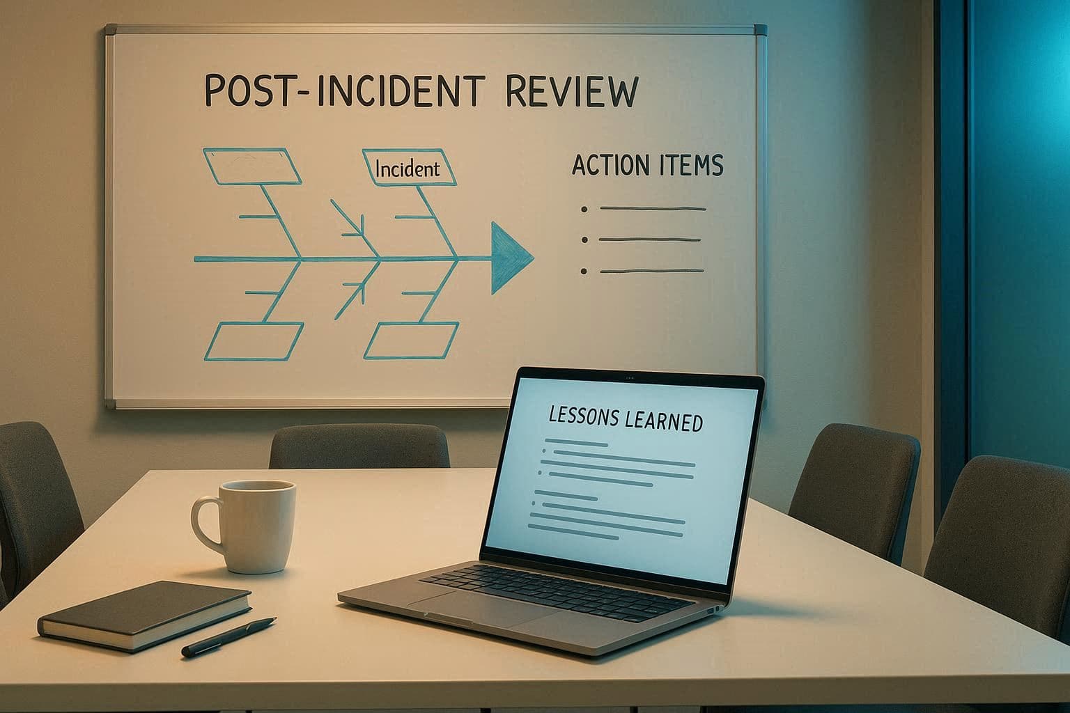 Ruang meeting post-incident review dengan whiteboard diagram fishbone dan laptop menampilkan dokumen lessons learned