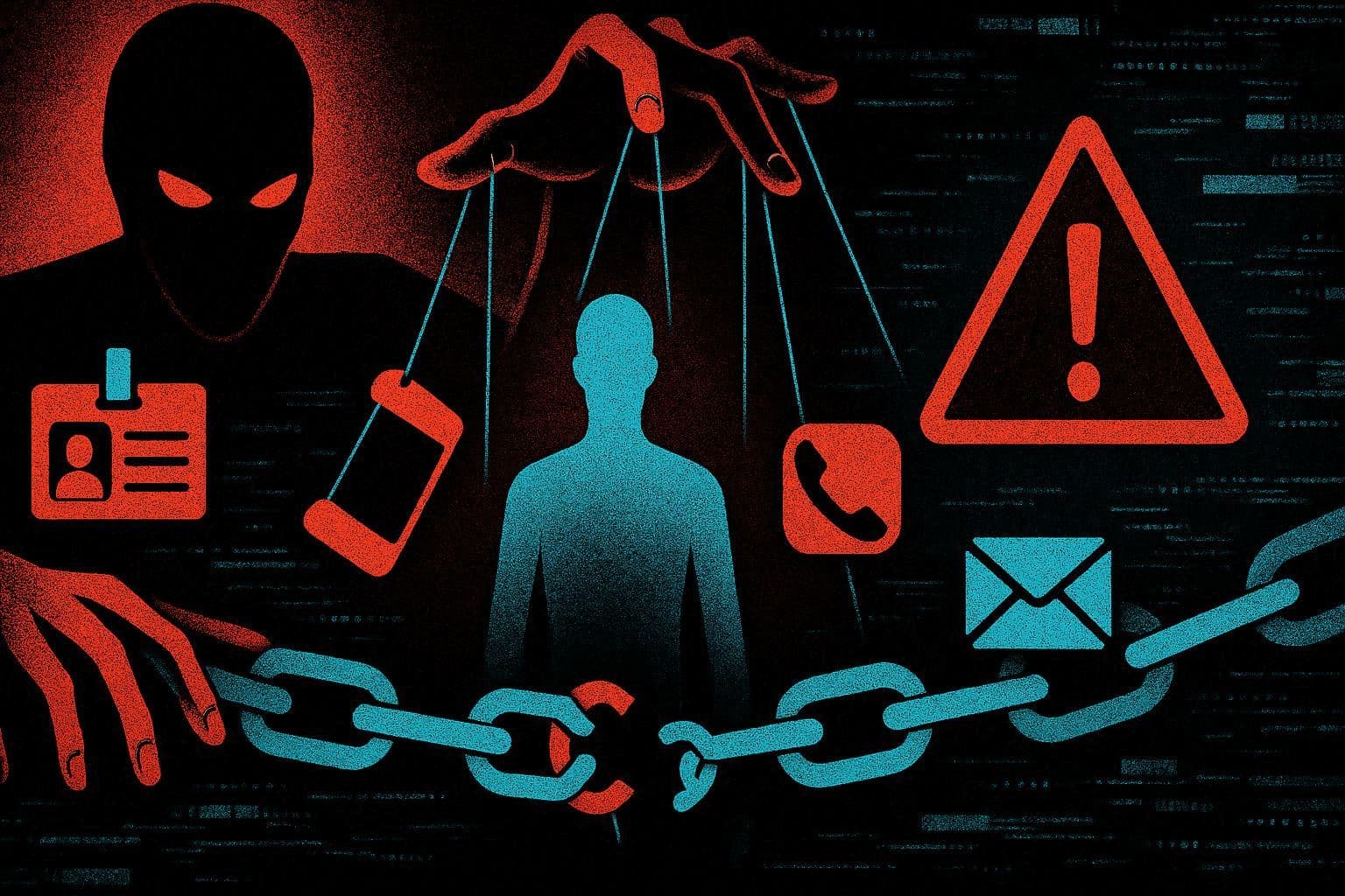 Visualisasi social engineering dengan siluet manusia sebagai rantai terlemah dimanipulasi oleh figur bayangan