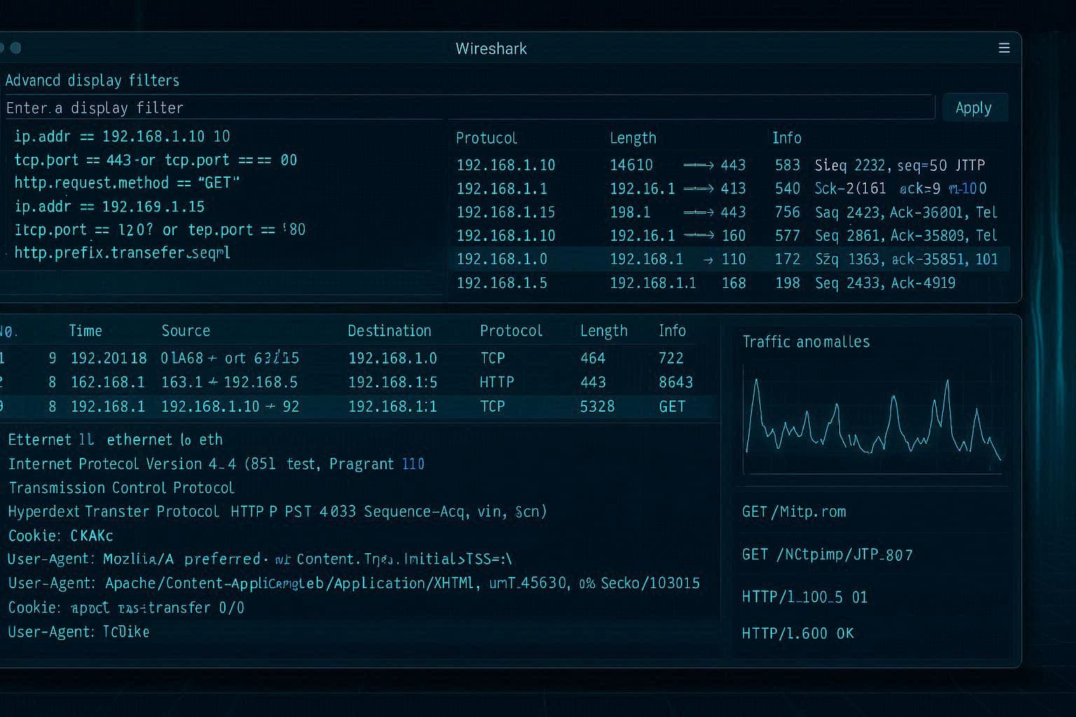 Tampilan Wireshark dengan display filter advanced dan analisis packet detail multi-layer